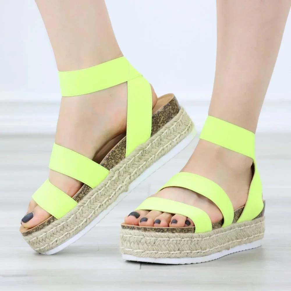 Neon Yellow Elastic Strappy Sandals Espadrille Platform Heel - Picture 11 of 11